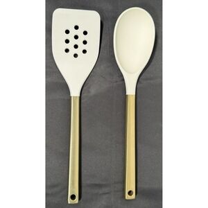 Figmint Kitchen Utensil Set 2pc Cream Gold Silicone Slotted Turner Solid Spoon